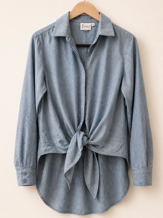 Finley Tops - Finley Ali Tie Front Cotton Blouse Blue Size Small Made USA Minimalist Chic